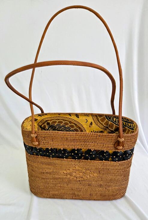 Rattan Handbags - Vintage Handwoven Rattan Purse with Fabric interior, Leather Straps